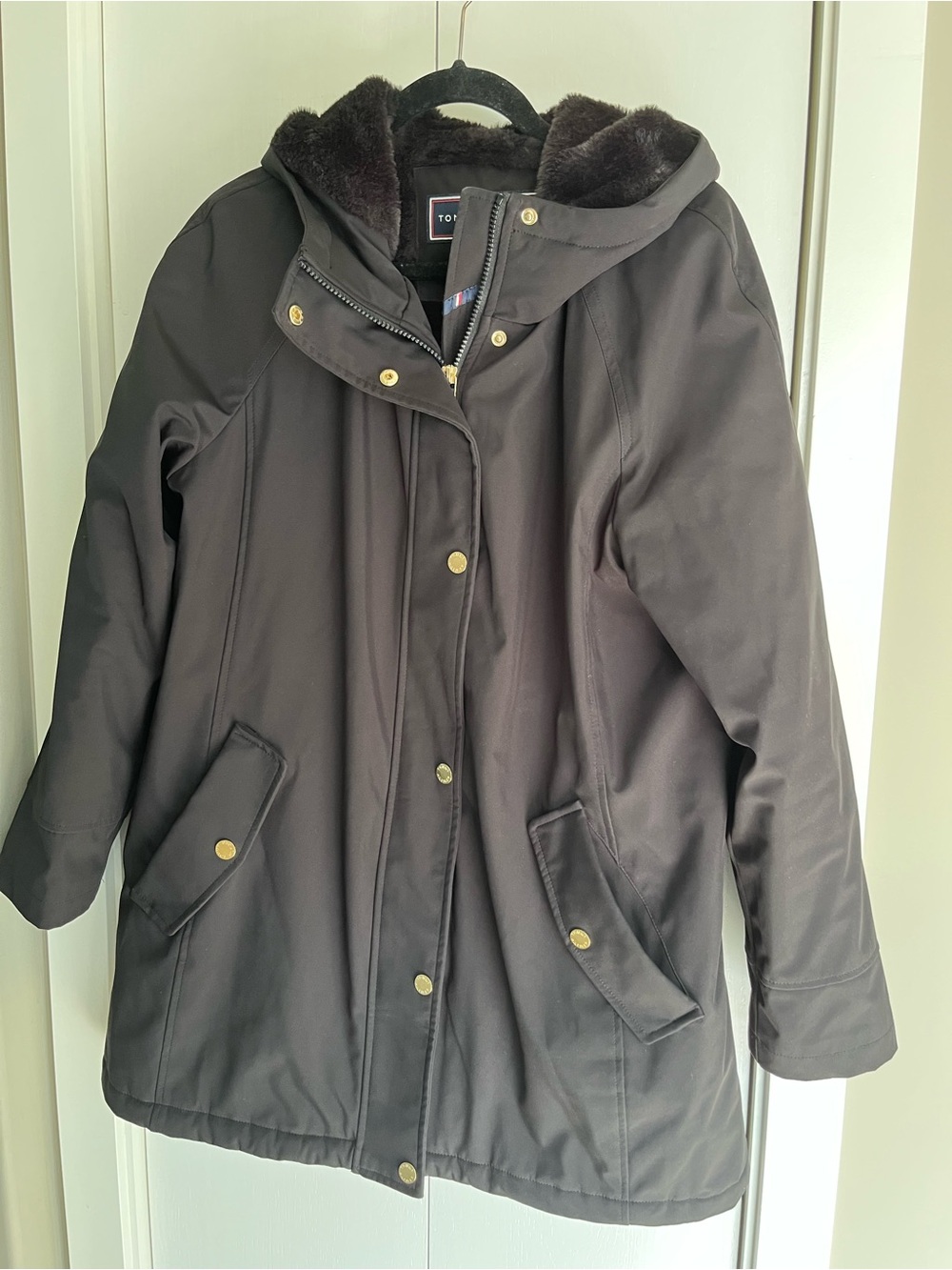 Tommy Hilfiger Black Hooded Trench Coat with Faux-Fur Trim